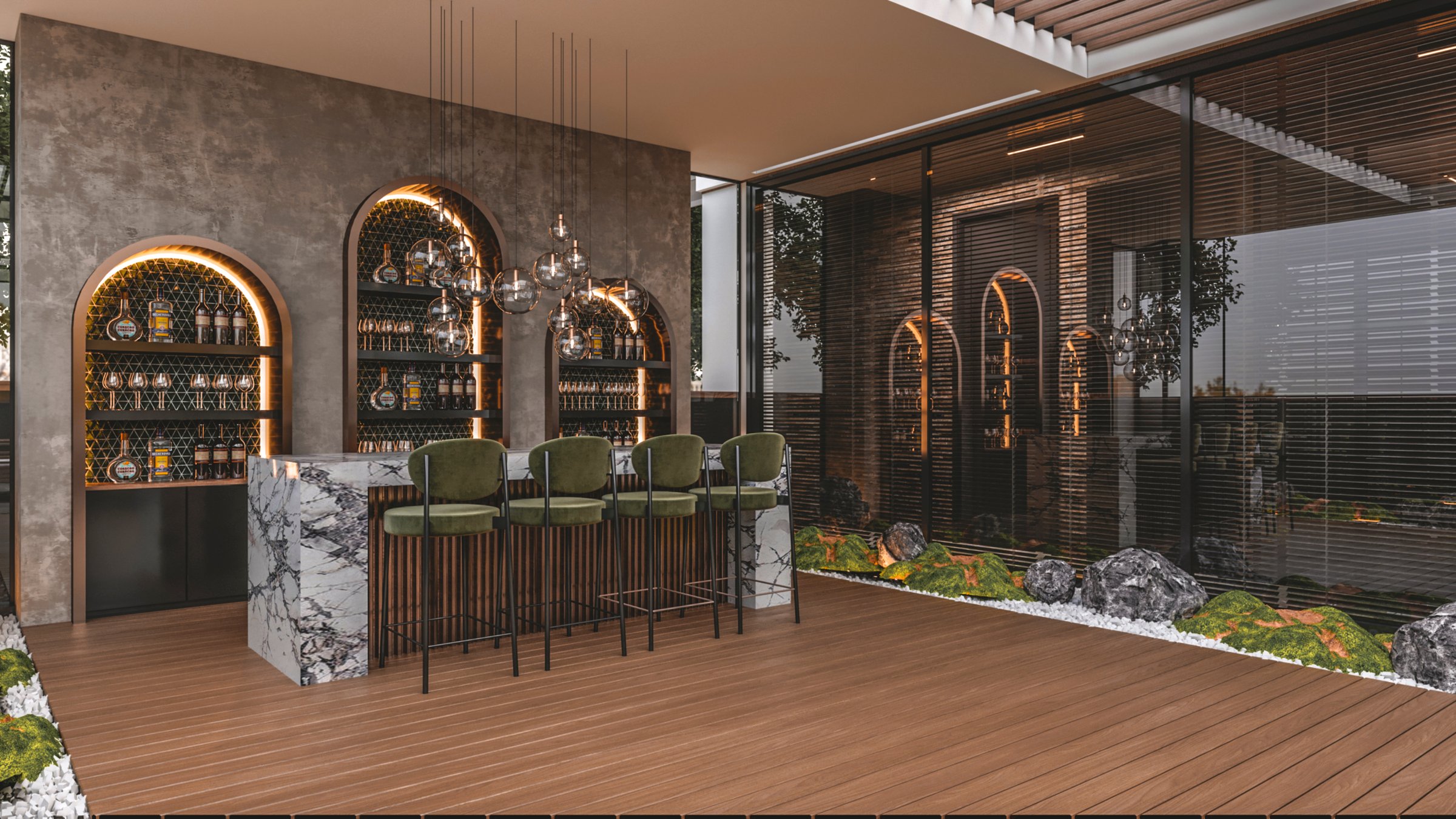 Elegant office terrace bar area with marble island and green velvet bar stools in Yenişehir Mersin