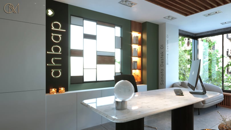 Modern workspace interior in Levent Istanbul with panoramic windows, indoor plants and elegant seating area