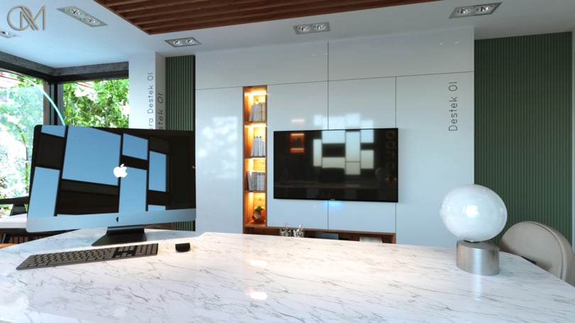 Luxury office interior design project in Levent Istanbul with marble desktop, wall-mounted TV unit and green vertical panels