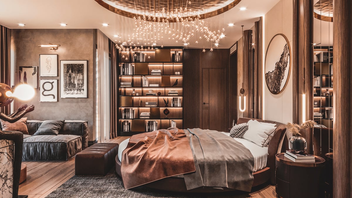 Contemporary master bedroom in Göktürk Istanbul with bespoke built-in bookshelf, warm LED lighting, and elegant brown and bronze color palette