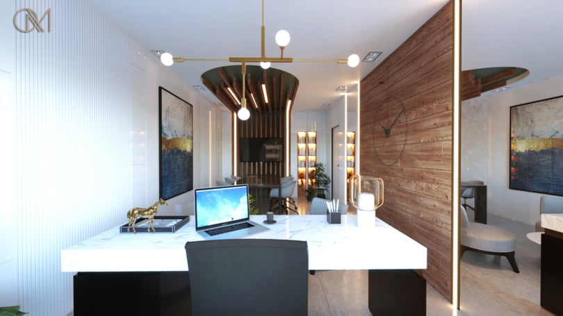 Modern office interior design in Levent Istanbul with minimalist desk setup, decorative accessories and layered lighting