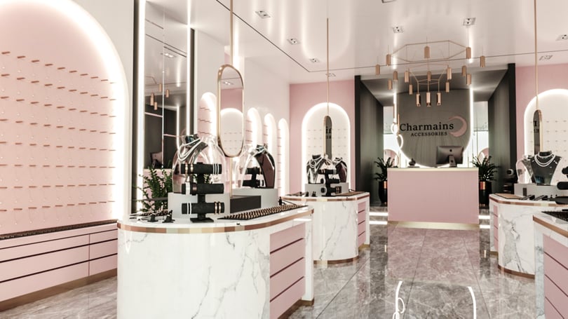Contemporary jewelry and accessories retail interior in Venezia Mega Outlet Shopping Center Istanbul with custom marble counters and soft pink architectural details