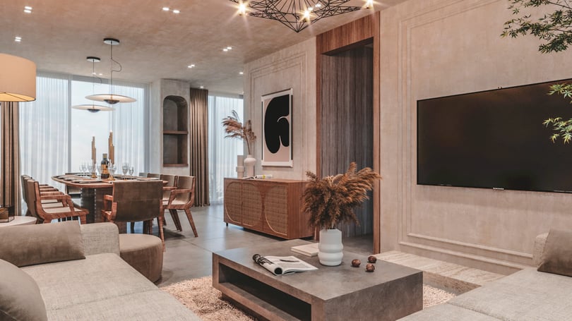 Stylish open-plan living and dining concept in Amsterdam duplex home with custom built-ins, textured walls and cohesive modern aesthetic