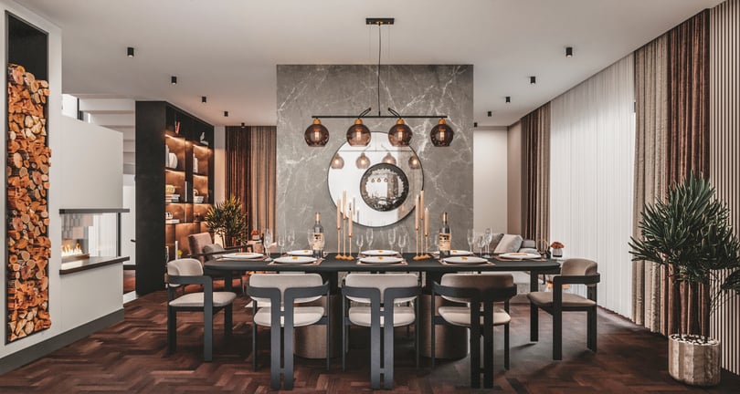Modern dining room interior in Milas Muğla duplex apartment with marble accent wall, round mirror and statement chandelier