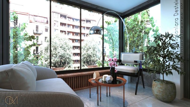 Contemporary office lounge area in Levent Istanbul with designer armchairs, marble desk and architectural lighting