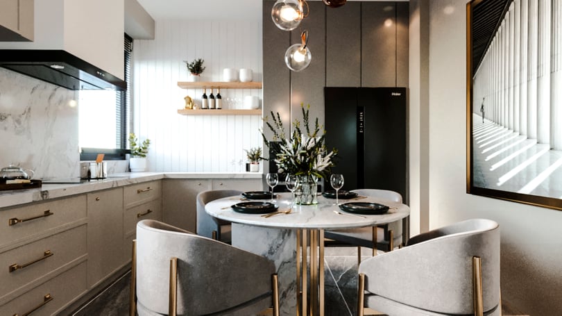 Modern kitchen and dining concept in Gebze Kocaeli villa with marble table and designer lighting