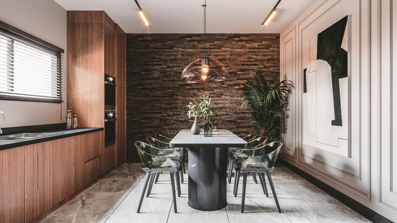 Contemporary office kitchen design with wooden cabinetry and dining table in Yenişehir Mersin