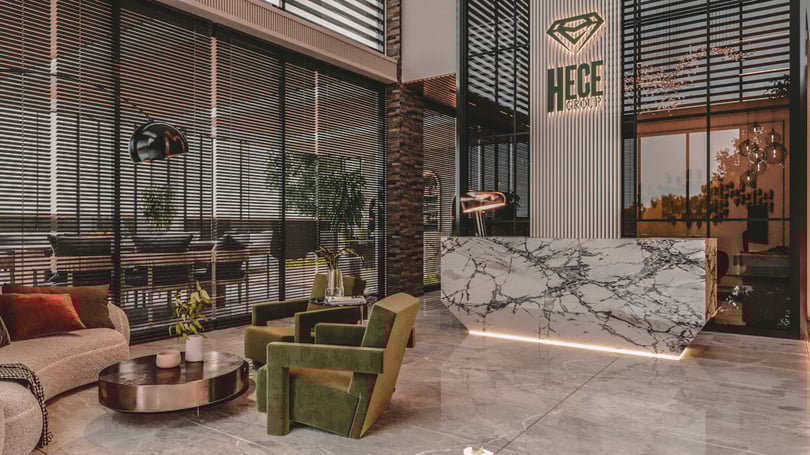 High-end reception lobby design with marble flooring and statement chandelier in Yenişehir Mersin