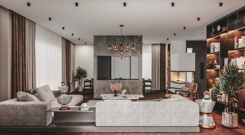 Luxury living room interior design in Milas Muğla duplex apartment with contemporary sofas, marble coffee table and floor to ceiling curtains