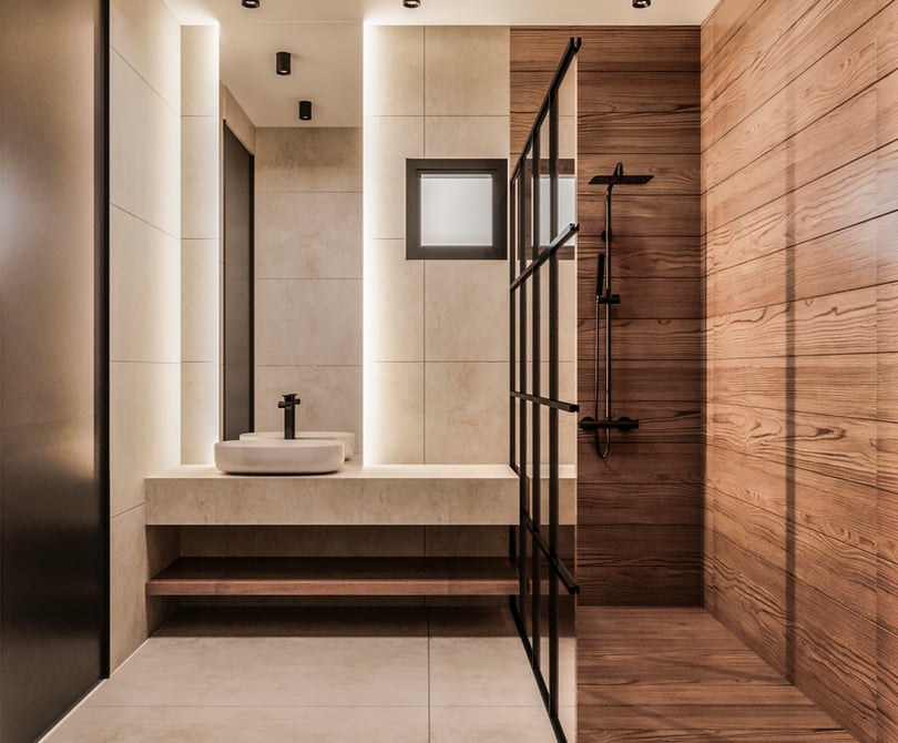 Executive office bathroom with walk-in shower and wood wall panels in Yenişehir Mersin