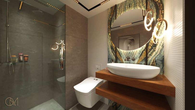Contemporary office WC design in Levent Istanbul with floating vanity, sculptural basin and ambient lighting details