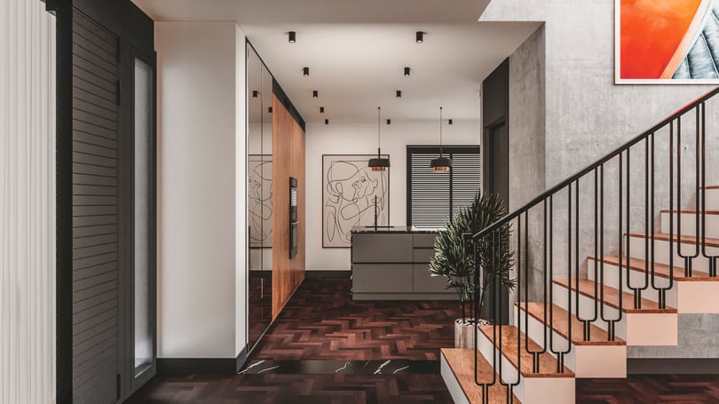 Modern duplex apartment entrance hall design in Milas Muğla with wooden staircase, black metal railing and herringbone parquet flooring