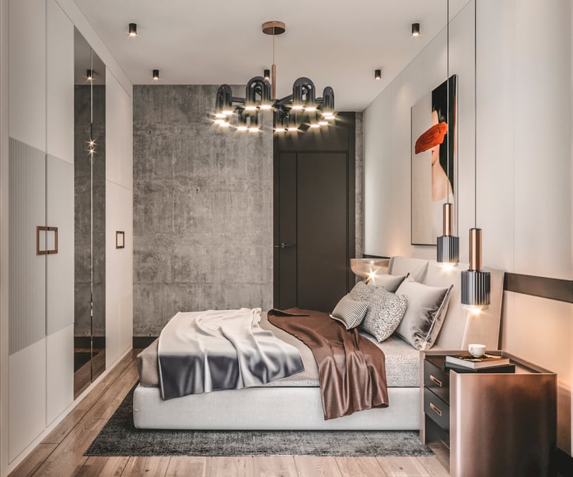 Modern master bedroom interior design in Milas Muğla duplex apartment with concrete accent wall and contemporary pendant lighting