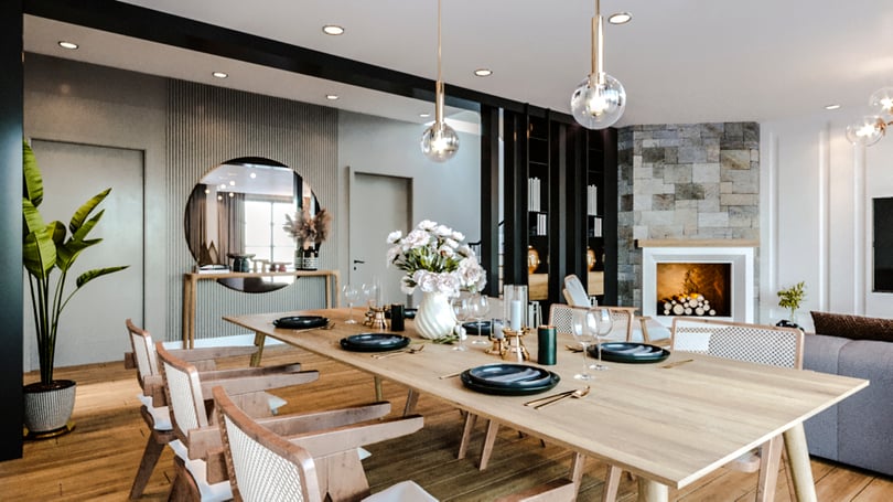 Contemporary villa dining area design in Gebze, Kocaeli featuring custom wood furniture and decorative lighting