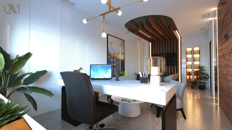 Luxury office conference area in Levent Istanbul with marble desk, decorative lighting fixture and warm wood accents