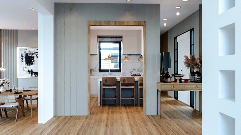 Open-concept kitchen and living transition with natural wood flooring in Gebze Kocaeli villa