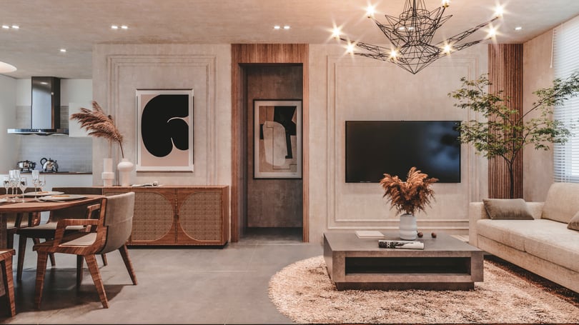 Open-plan living room interior design in Amsterdam duplex apartment with contemporary sofa, custom media wall, abstract artwork and warm neutral color palette