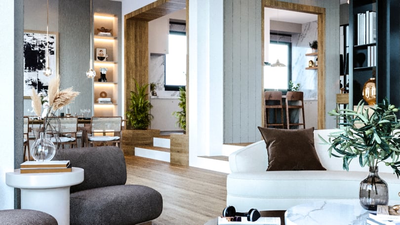 Elegant living room with custom shelving and warm ambient lighting in Gebze villa