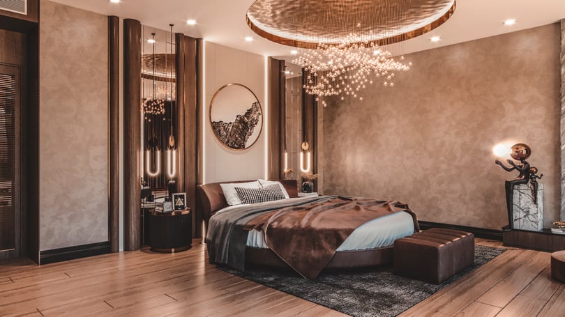 Elegant round bed bedroom concept in Göktürk Istanbul with decorative wall art, vertical wood panels, and integrated bedside lighting
