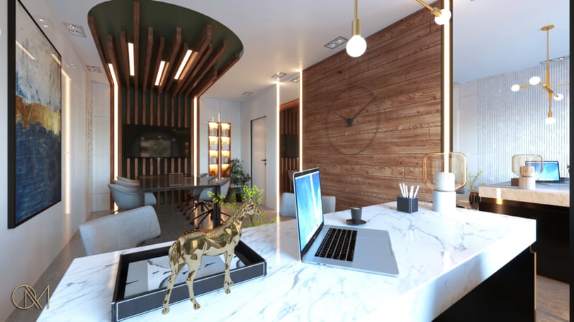 Modern boardroom interior in Levent Istanbul featuring custom wood paneling, wall-mounted screen and ambient lighting