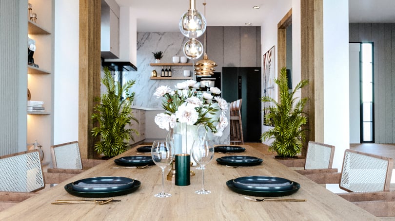Contemporary open-plan dining area with marble wall and gold pendant lighting in Gebze villa