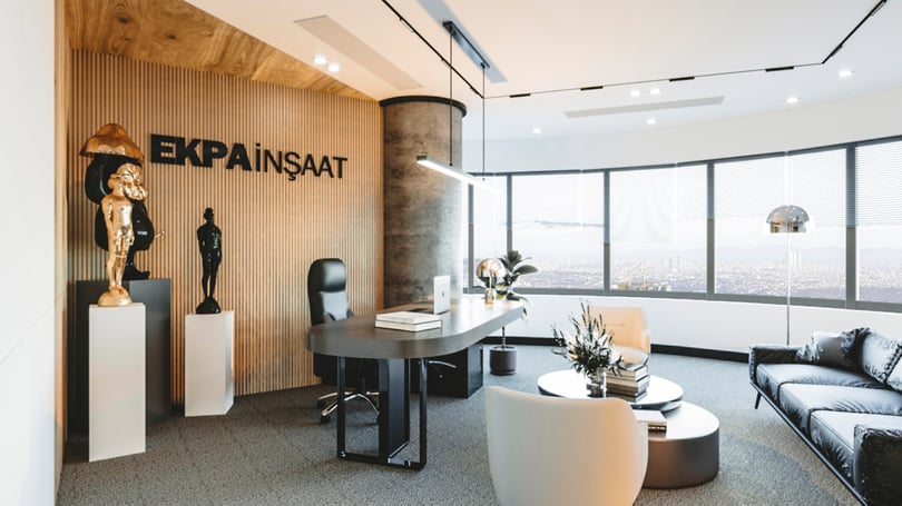 Levent, Istanbul'da siyah deri kanepe, aydınlatmalı raflar ve modern medya duvarı içeren kurumsal yönetici süiti iç mekan tasarımı