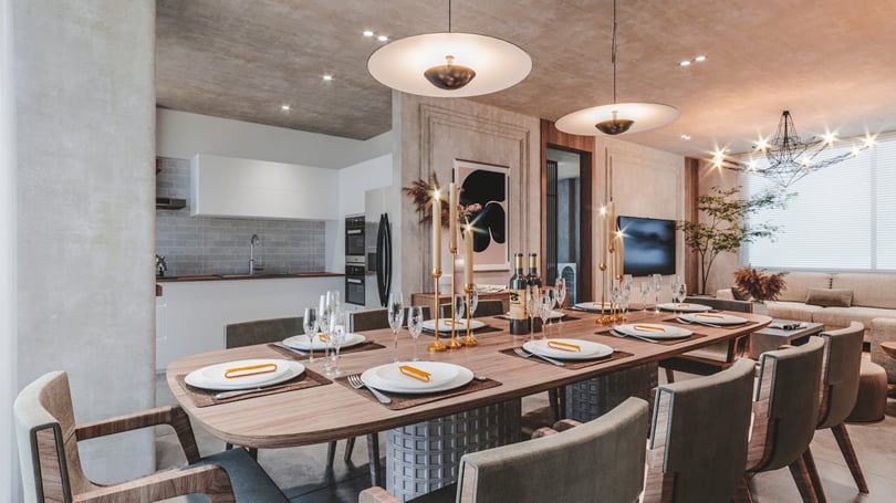 Modern master bedroom design in Amsterdam duplex apartment with arched wall feature, woven wardrobe doors and soft ambient lighting