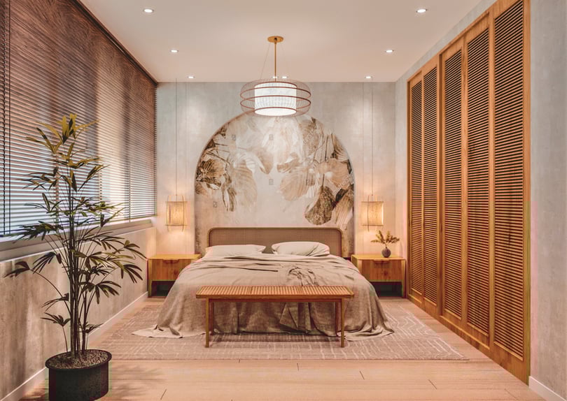 Contemporary bedroom interior in Amsterdam duplex home with custom vanity unit, full-height wooden wardrobes and warm neutral decor