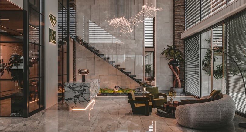 Contemporary office lobby concept with illuminated reception desk and glass partitions in Yenişehir Mersin