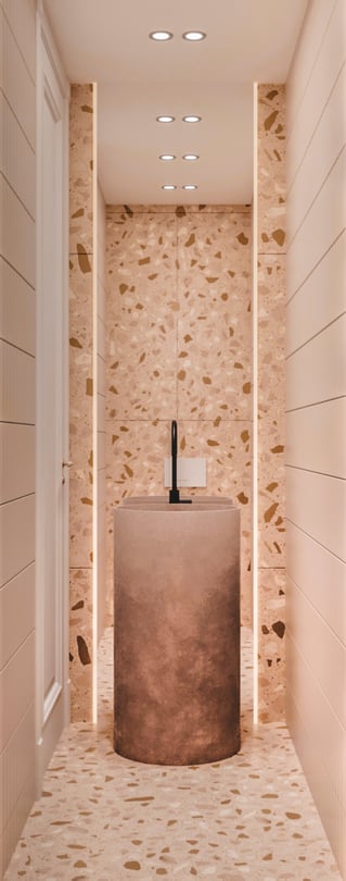 Compact WC interior in Amsterdam duplex home with terrazzo surfaces, vertical tile detailing and concealed wall-mounted toilet