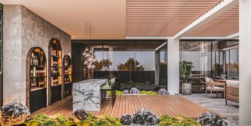 Contemporary office courtyard with marble bar counter and illuminated arched shelving in Yenişehir Mersin