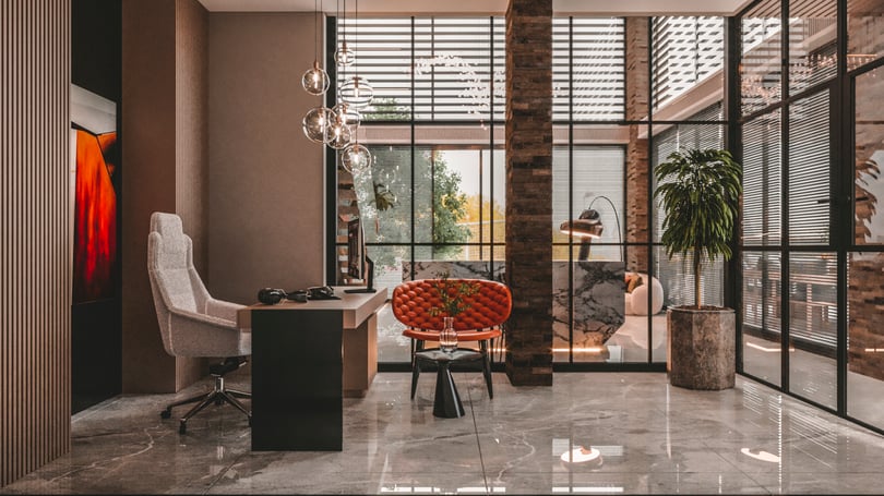 Modern accounting workspace with ergonomic seating and marble flooring in Yenişehir Mersin office project