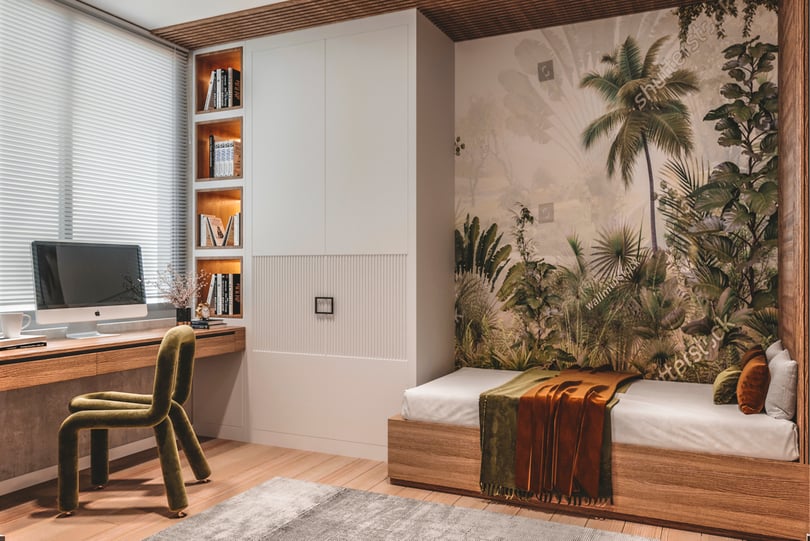 Modern kids bedroom interior in Amsterdam duplex home with integrated wardrobe, warm wood accents, soft neutral palette and functional workspace