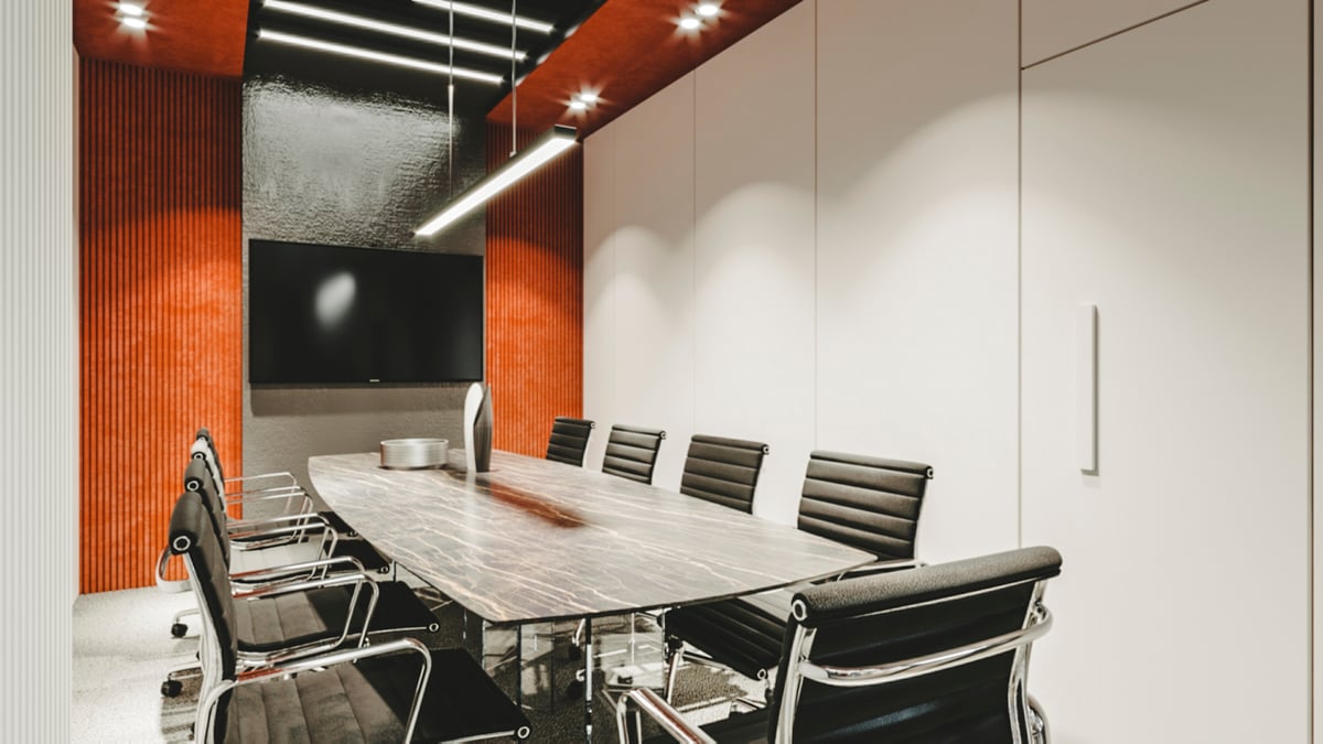 Contemporary meeting room interior design in Levent, Istanbul with marble conference table, black leather chairs and linear LED ceiling lighting