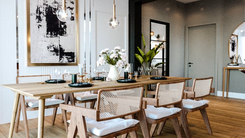 Modern dining room interior design in luxury villa in Gebze, Kocaeli with wooden table and contemporary pendant lighting