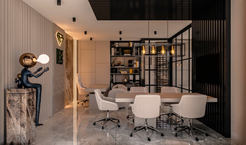 Modern executive office meeting area with marble feature wall and custom shelving in Yenişehir Mersin interior design project