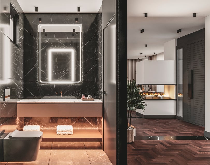 Modern guest WC interior design in Milas Muğla duplex apartment with black marble wall and illuminated mirror