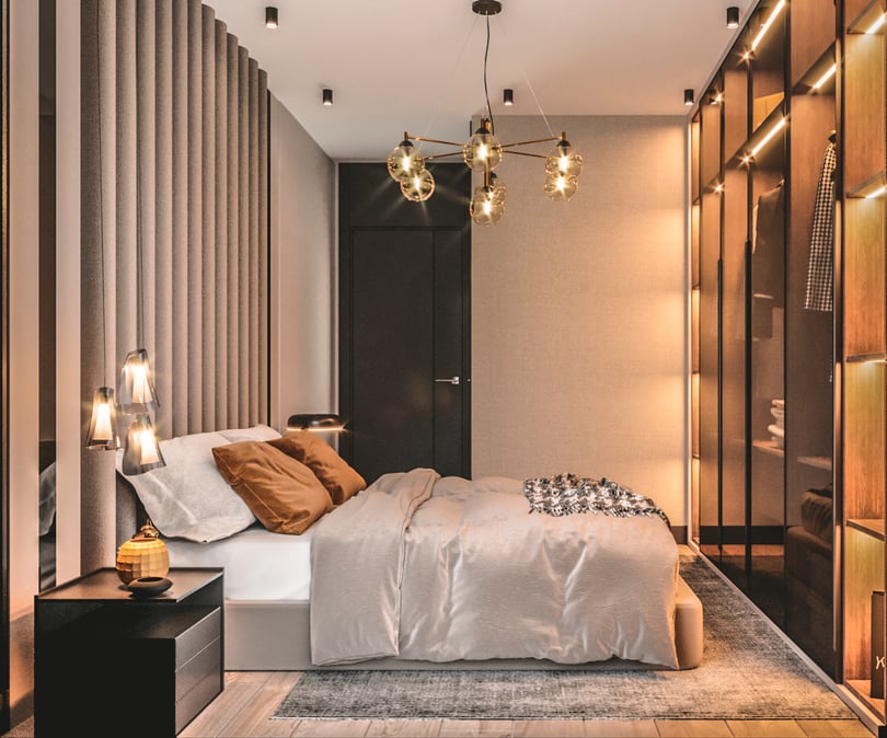 Contemporary duplex apartment bedroom design in Milas Muğla with wooden wall panels and decorative lighting