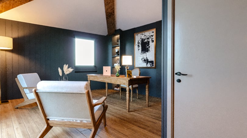 Modern study room with built-in shelves and textured wall panels in Gebze Kocaeli