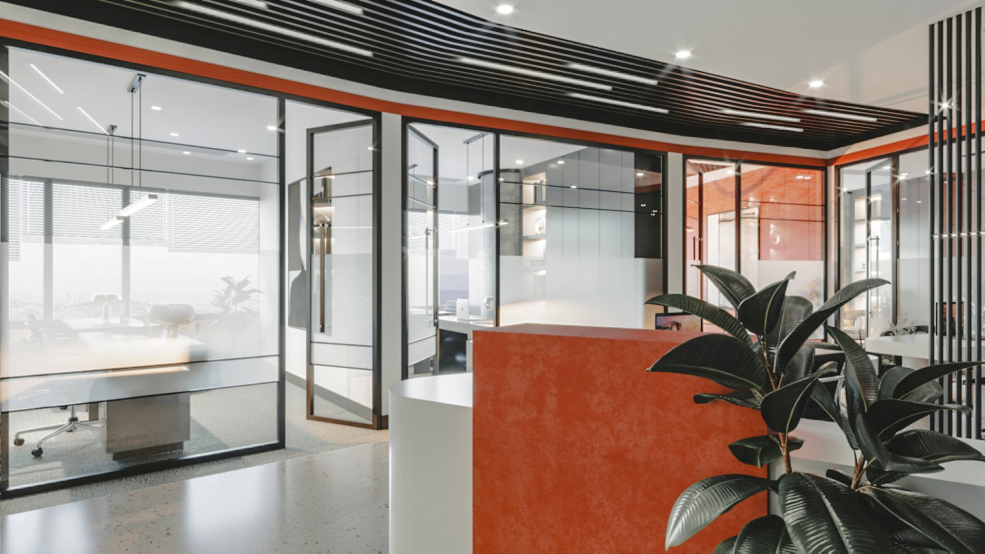 Luxury reception area interior design in Levent, Istanbul with curved white reception desk, textured wall panels and branded feature wall