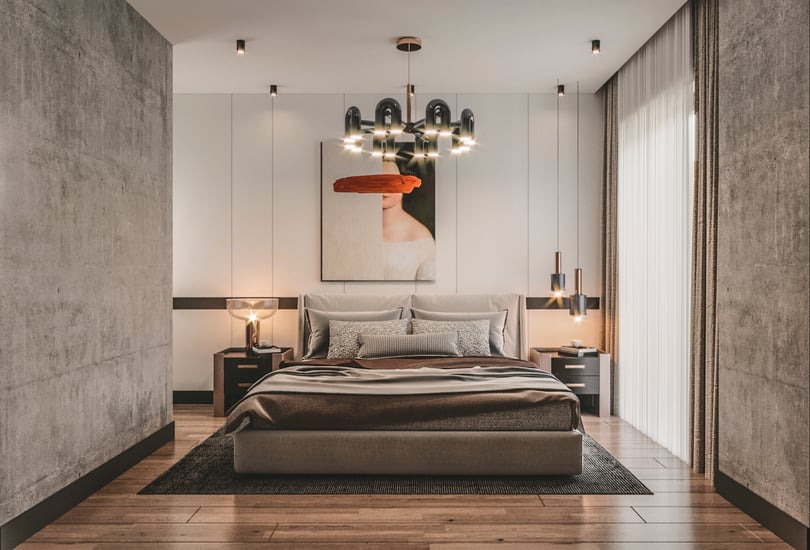 Minimal luxury master bedroom in Milas Muğla duplex apartment with upholstered bed and architectural lighting
