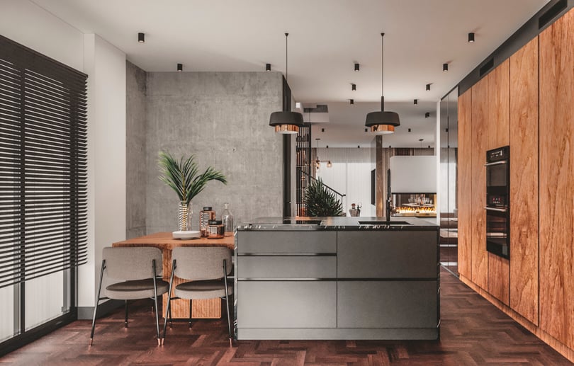 Open plan modern kitchen interior design in Milas Muğla duplex apartment with matte black island and natural wood cabinetry