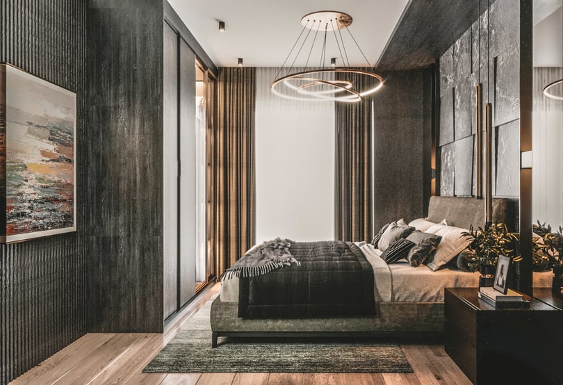 Contemporary bedroom design in Milas Muğla duplex apartment with marble headboard wall and modern chandelier