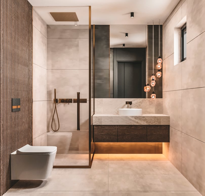 Contemporary beige bathroom interior in Milas Muğla duplex apartment with wood vanity cabinet and bronze shower system