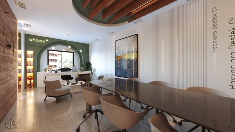 Corporate meeting room design in Levent Istanbul with large conference table, wood ceiling detail and integrated LED strips