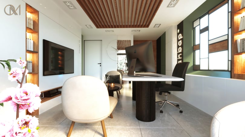 Contemporary office workspace in Levent Istanbul featuring bespoke shelving, integrated LED lighting and minimalist furniture