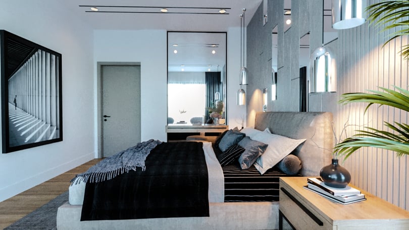 Contemporary villa bedroom in Gebze with floor-to-ceiling curtains and neutral color palette