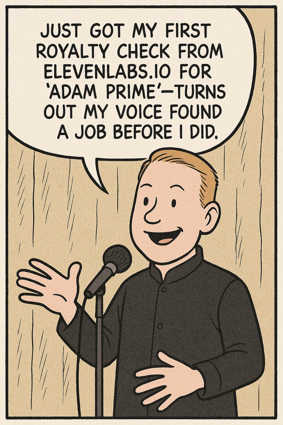 Just got my first royalty check from elevenlabs.io for 'Adam Prime'—turns out my voice found a job before I did.