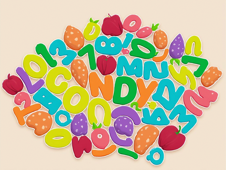 colorful letters and fruit arranged randomly