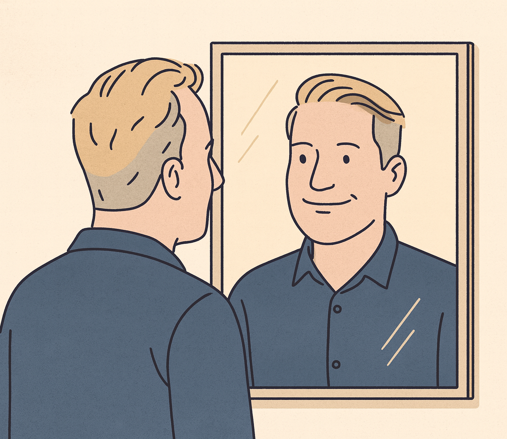 a drawing of Adam looking in the mirror